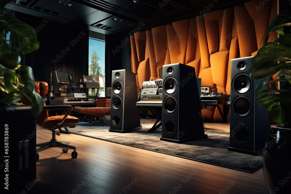Poster A room filled with speakers and a desk. This image can be used to showcase a professional audio setup or a music production studio.