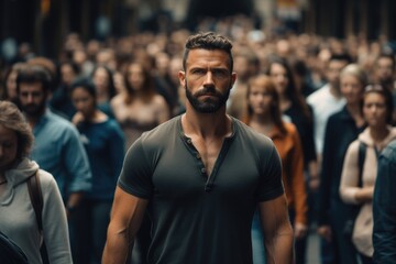 Fototapeta premium A man standing confidently in front of a large crowd. This image can be used to represent leadership, public speaking, or standing out from the crowd.