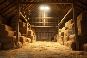 A barn filled with lots of hay next to a light. This image can be used to depict a traditional farm setting or to symbolize abundance and preparation. - obrazy, fototapety, plakaty
