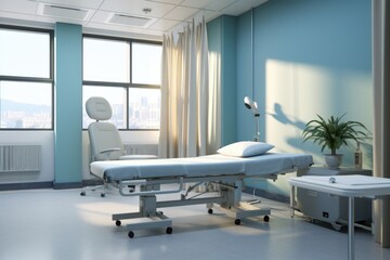 A hospital room featuring a bed and a table. Suitable for medical and healthcare related concepts.