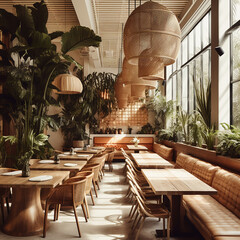 Modern boho restaurant in light brown furniture with hanging wicker lamps.