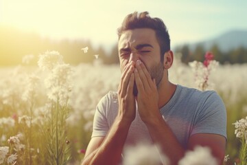 A man is seen blowing his nose in a field of vibrant flowers. This image can be used to depict seasonal allergies or the beauty of nature in full bloom. - obrazy, fototapety, plakaty
