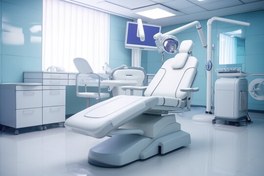 A dentist's chair is pictured in a blue and white room. This image can be used to illustrate a dental clinic or showcase dental equipment.