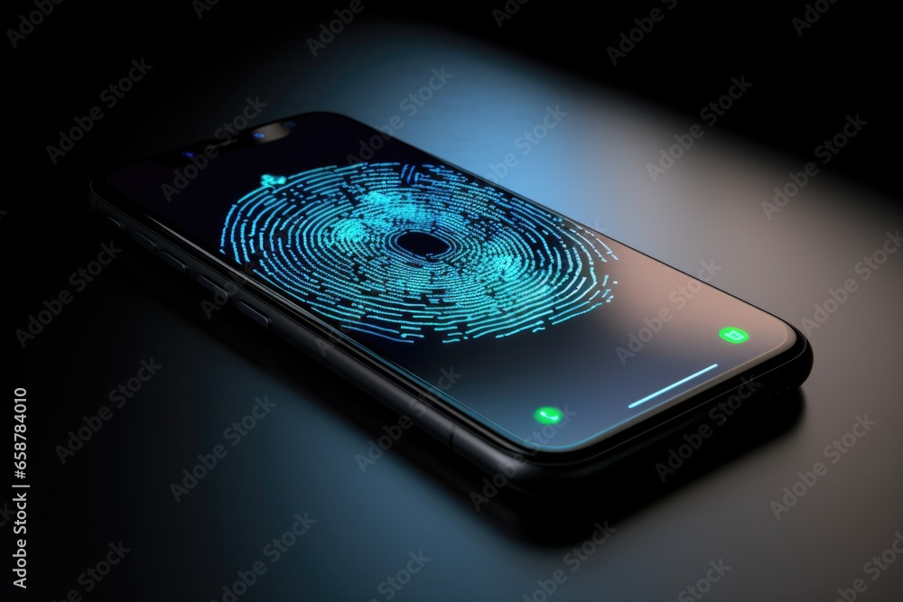 Poster A close up of a cell phone with a visible fingerprint. This image can be used to illustrate smartphone security or personal identification.