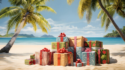 Christmas presents, gifts on tropical beach under palm tree - obrazy, fototapety, plakaty