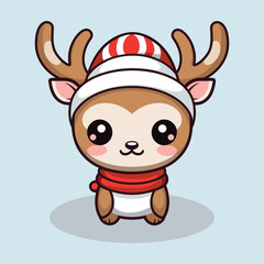 Cute White Tailed Deer Cartoon Character Wearing Santa Hat illustration 