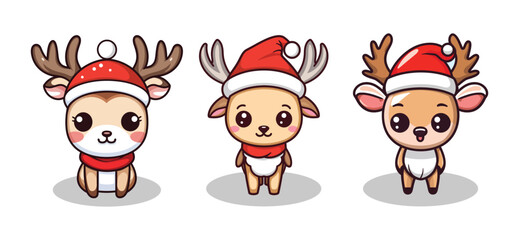 Cute White Tailed Deer Cartoon Character Wearing Santa Hat illustration 