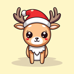 Cute White Tailed Deer Cartoon Character Wearing Santa Hat illustration 