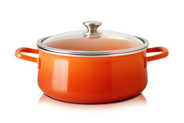 An isolated metallic saucepan with a stainless steel body and handle, a shiny and essential kitchen utensil for cooking, against a clean white background.