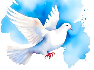 Peace dove in a clear blue sky. Watercolor illustration. Peace and war concept.
