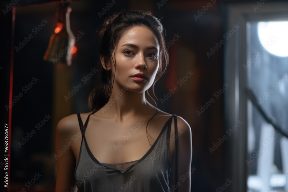 Poster A woman standing in front of a window in a dark room. This image can be used to depict solitude, contemplation, or mystery. It can be suitable for various themes and concepts.