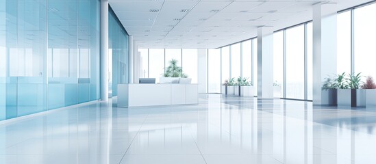 Glass walled office hallway with doors reception desk and corridor With copyspace for text