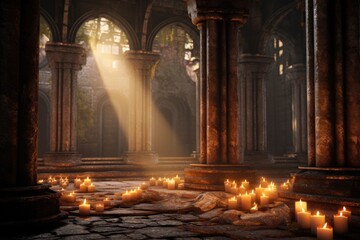 A group of candles are lit in a church. This image can be used to depict a religious ceremony or create a peaceful and serene atmosphere.