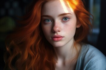 Fototapeta premium A woman with striking red hair and captivating blue eyes. This image can be used to represent beauty, individuality, and confidence.