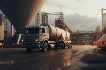 Fotobehang A large tanker truck driving down a wet road. This image can be used to depict transportation, logistics, and the rainy weather conditions. . © Fotograf