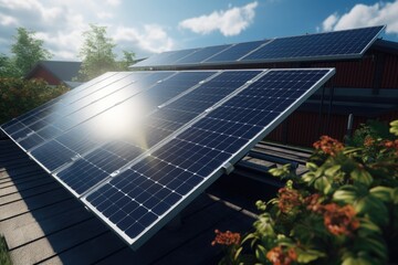 A solar panel installed on the roof of a house. This image can be used to illustrate renewable energy, eco-friendly homes, or sustainable living.