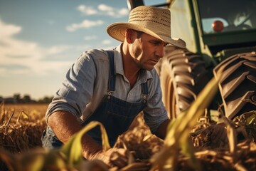 A man wearing overalls and a straw hat is seen working in a field. This image can be used to depict agricultural work or farming activities.