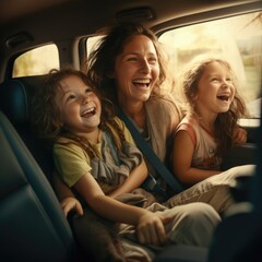 A woman and two children are seated inside a car. This image can be used to depict family road trips, transportation, or everyday life with children.