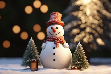 Obraz premium A cute snowman with a red hat and scarf standing in the snow. Perfect for winter-themed designs and holiday decorations.