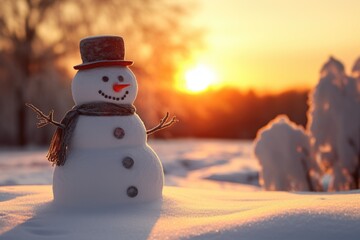 A snowman wearing a top hat and scarf, standing in the snow. This picture can be used to depict winter, holiday season, or a festive atmosphere.