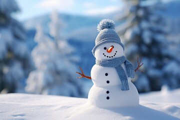 Obraz premium A snowman wearing a hat and scarf, standing in the snow. Perfect for winter-themed designs and holiday illustrations.