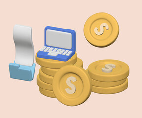 3d rendering of making money from work, 3d render of work hard, working on notebook computer and file folder, 3d business tools, 3d render business tools, Dollar coin stack, Dollar money rendering