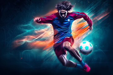 Fototapeta na wymiar Extreme Sports in Vivid Color - A skilled soccer player displaying finesse and agility on the field, showcasing their talent through precise footwork, strategic passes, and remarkable ball control