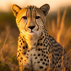 cheetah in the savannah,Fast cheetah with black dots runs in savanna valley on sunny day. Wild carnivore animal with open mouth in motion in wilderness 
