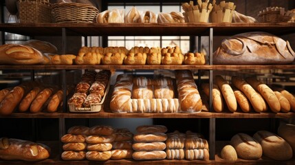 Assorted Breads Displayed on Supermarket Bakery Shelves: Different types of bread loaves, bread rolls, baguettes, bagels, bread buns, and a variety of other fresh bread on display on grocery store