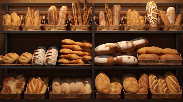 Assorted Breads Displayed on Supermarket Bakery Shelves: Different types of bread loaves, bread rolls, baguettes, bagels, bread buns, and a variety of other fresh bread on display on grocery store