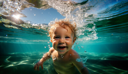 A photo of a child happily swimming in crystal clear water, taken from the water