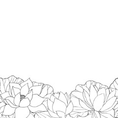 Frame with vector hand drawn lotus flowers and buds, leaves, black line art illustration. Outline floral drawing for logo, tattoo, packaging design, border with space for text.