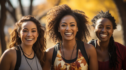 Fototapeta premium Happy Mixed Race Female Friends Enjoying a Healthy Run In The Park Together. Generative AI.