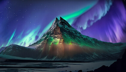 Tallest mountain in the world at night with the northern light. Generative AI	