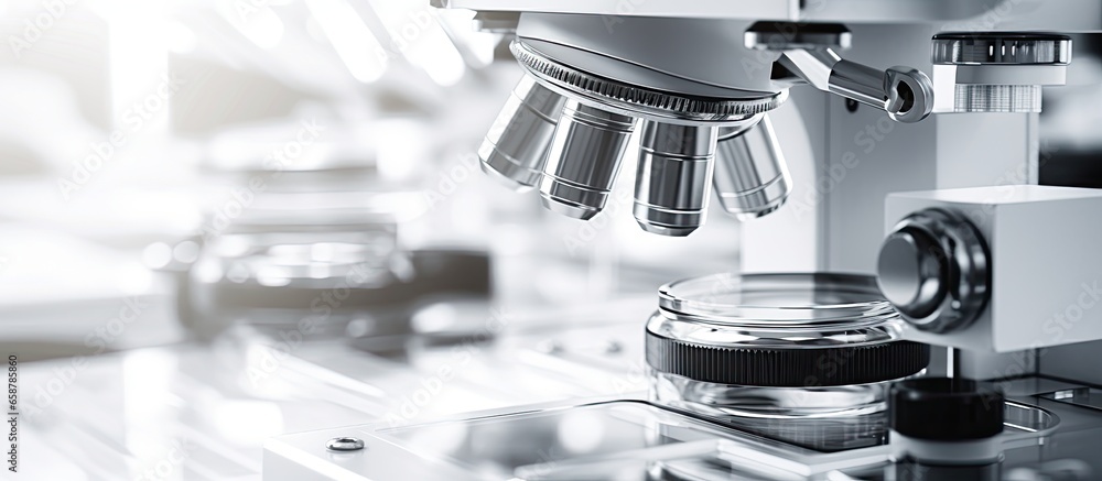 Poster blurry microscope on a white background with copyspace for text