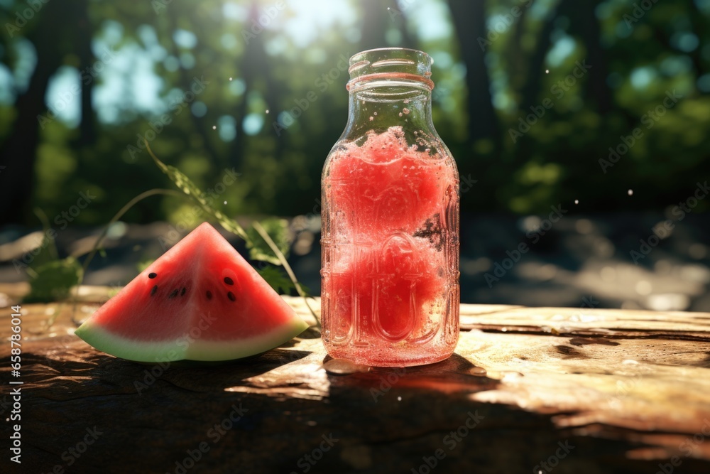 Poster A bottle of watermelon sits on a table next to a slice of watermelon. This image can be used to depict refreshing summer drinks or as a symbol of a healthy lifestyle.