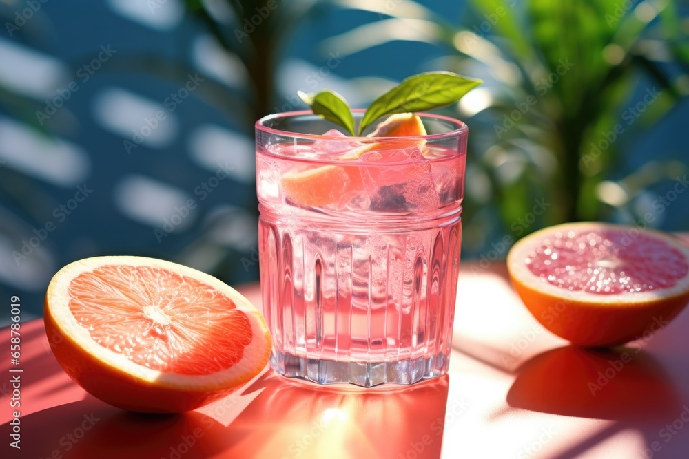 Poster A refreshing glass of water with a slice of grapefruit, perfect for quenching your thirst. Ideal for use in health and wellness articles or as a background image for food and beverage related content.