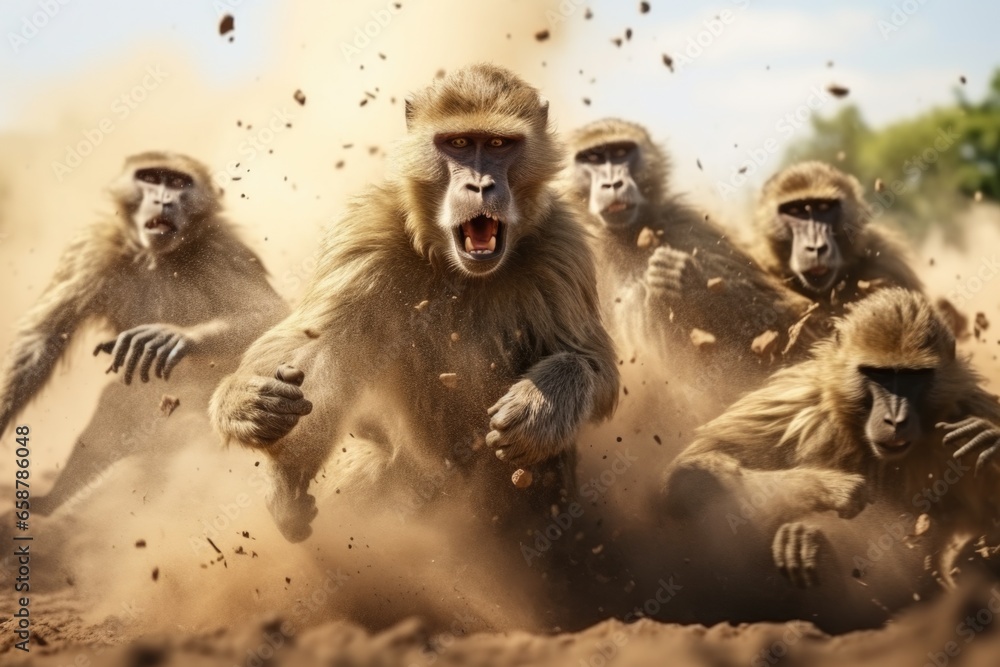 Poster A group of monkeys running together in the dirt. Perfect for nature and wildlife-themed projects.