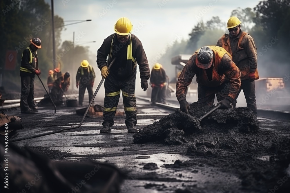 Poster a group of construction workers working on a road. suitable for illustrating construction projects a
