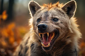 Foto op Plexiglas A laughing hyena in the wild, known for its distinctive and contagious laughter-like vocalization. Concept of animal laughter. Generative Ai. © Sebastian