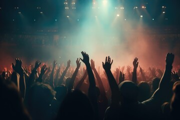 A crowd of people raising their hands in the air. This image can be used to depict unity, celebration, excitement, or support. - obrazy, fototapety, plakaty