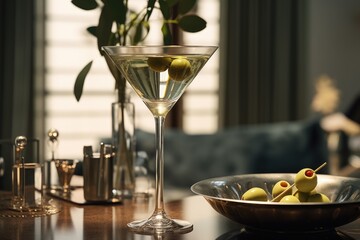 A martini glass filled with olives sitting on a table. Perfect for cocktail party invitations or bar advertisements. - Powered by Adobe