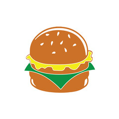 Cartoon Burger With Lettuce, Tomato, And Cheese. Vector Hand Drawn Illustration Isolated On Transparent Background. 