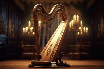 A beautiful harp sitting on top of a wooden table. Perfect for musicians or music enthusiasts. . - obrazy, fototapety, plakaty
