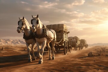 A picturesque scene of two horses pulling a covered wagon along a dirt road. Perfect for depicting old-fashioned transportation or rural landscapes. - Powered by Adobe