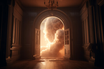 mysterious ancient arch, all in smoke, a back light. light rays. clouds of smoke come from the arch. Generative AI
