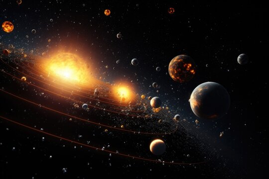 An artist's rendering of a solar system with multiple planets orbiting around a central star. This illustration can be used to depict astronomical concepts or as a visual aid in educational materials.
