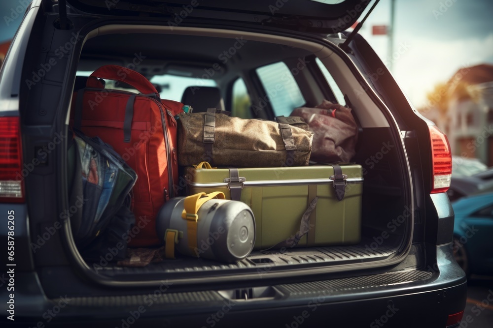 Poster a view of the back of a car showing luggage neatly packed in the trunk. ideal for travel and transpo
