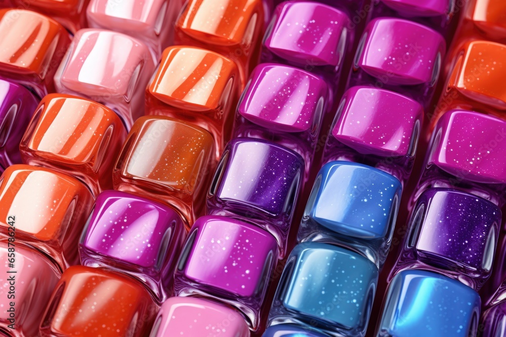 Poster a close-up view of various nail polishes in different vibrant colors. this image can be used to show