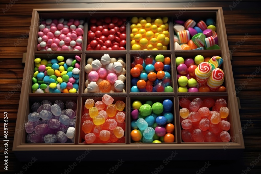 Aufkleber a wooden box filled with a variety of brightly colored candies. this delightful image can be used to